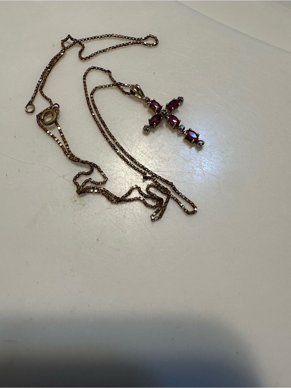 Gold-Tone Cross Necklace with Deep Pink Gemstones